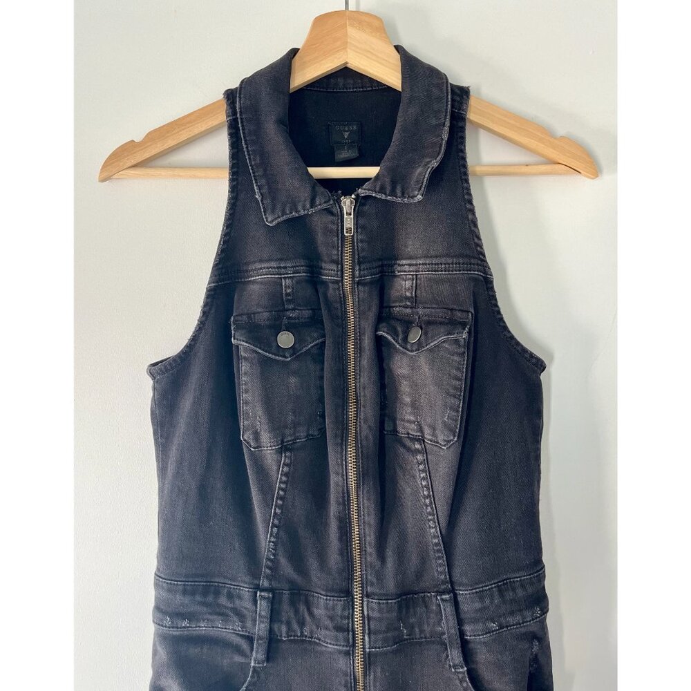 Guess Black Distressed Denim Zip Up Jumpsuit